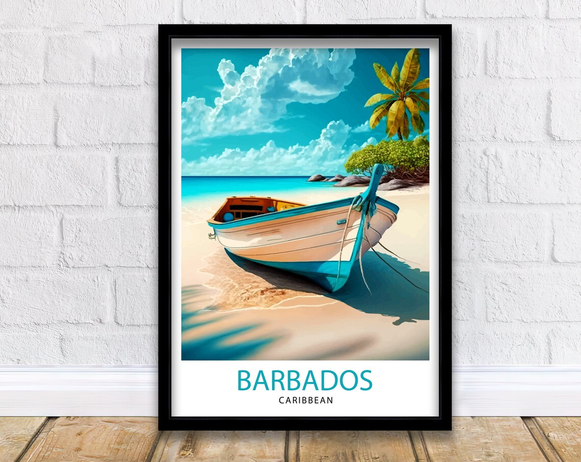 Barbados Caribbean Wooden Boat White Sand Tropical Palm Beach Poster