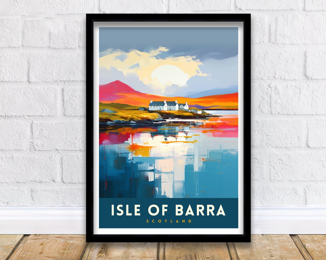 Isle of Barra Scotland Sunset Cottage Reflection Travel Poster