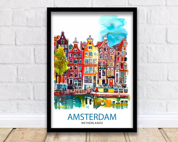 Amsterdam Netherlands Canal House Row Watercolor City Poster