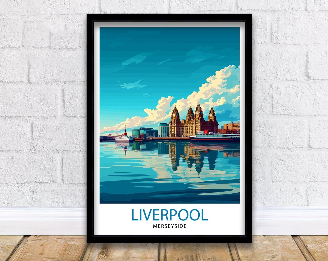 Liverpool Merseyside Waterfront River Mersey Skyline Travel Poster