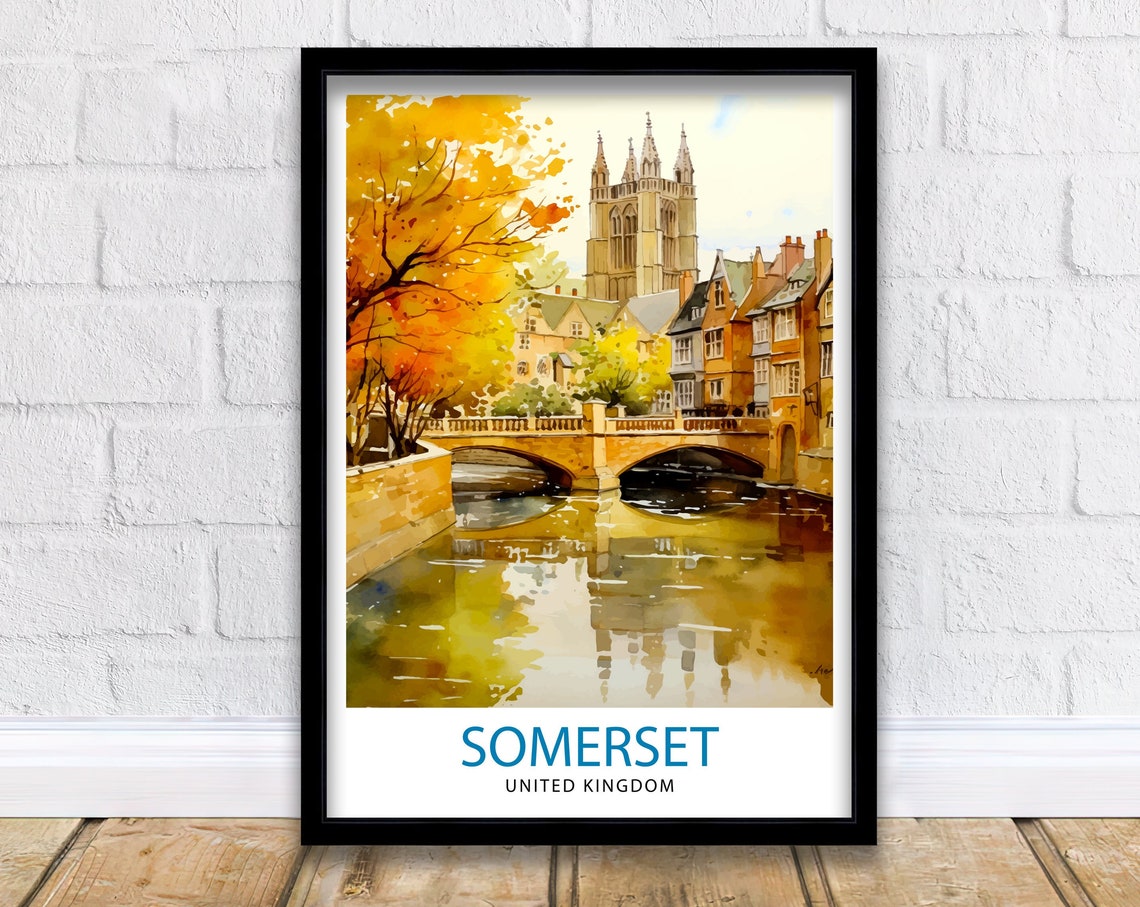 Somerset United Kingdom Autumn River Bridge Watercolor Poster