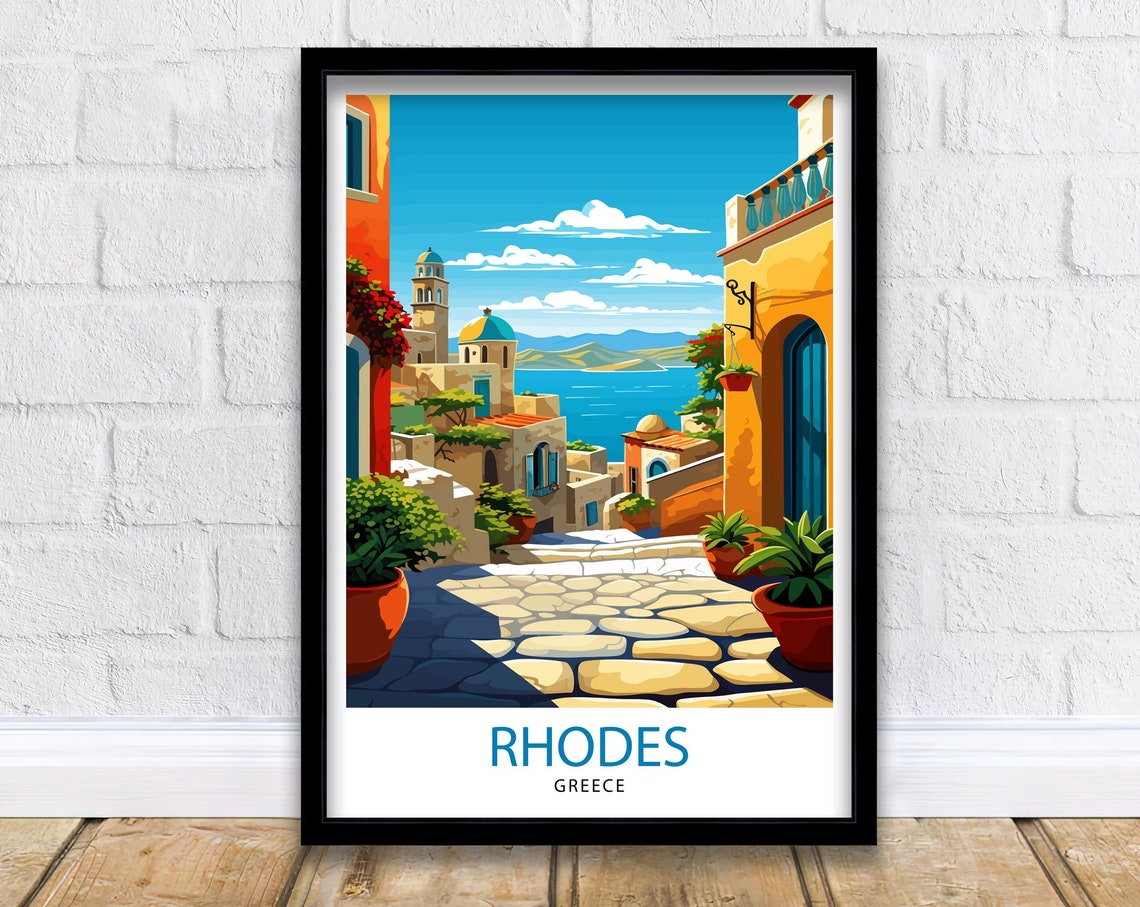 Rhodes Greece Old Town Cobblestone Street and Sea View Poster
