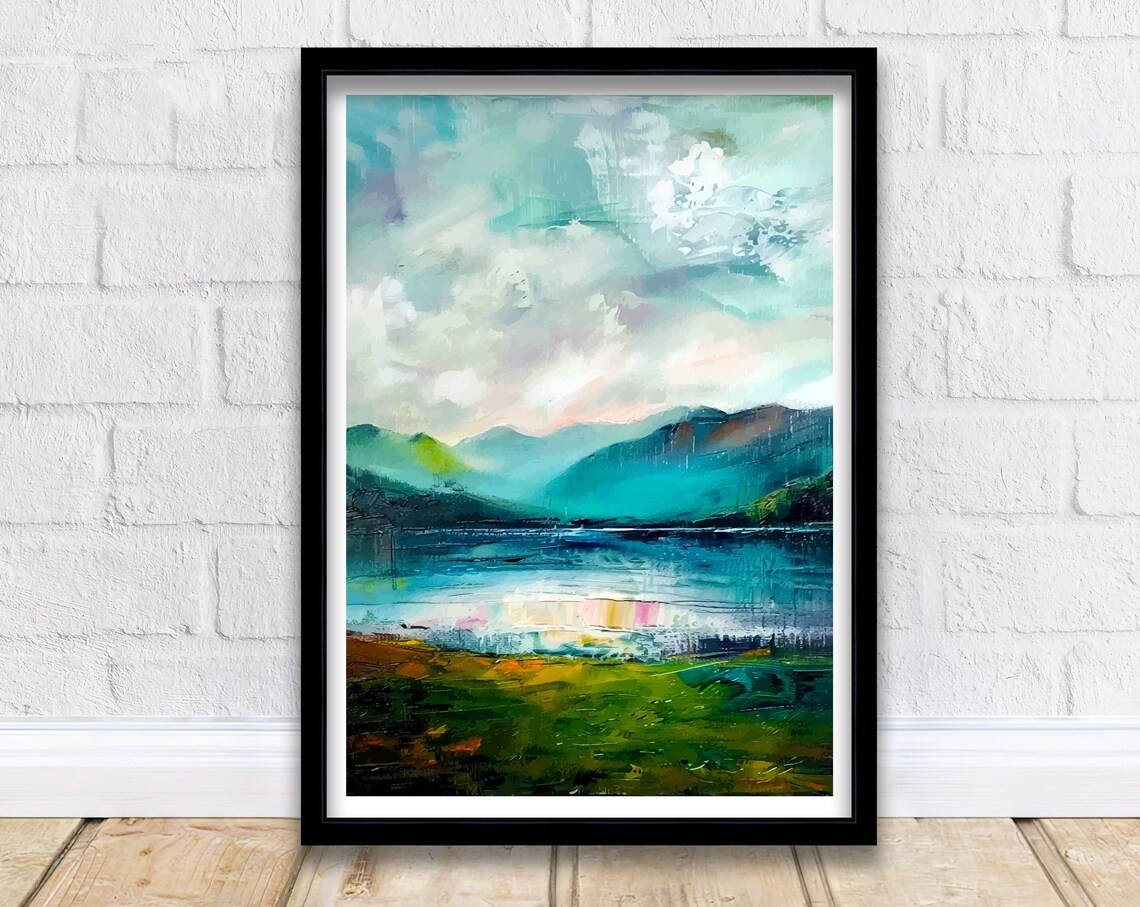 Lake District England Teal Lake Green Hills Misty Abstract Poster