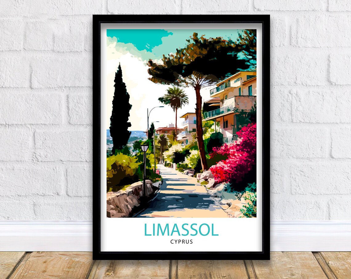 Limassol Cyprus Seaside Street Palm Trees Coastal Travel Poster