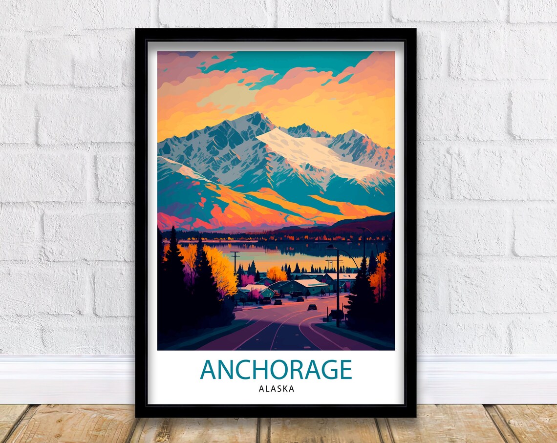 Anchorage Alaska Snowy Mountain Sunset Town Street Lights Poster