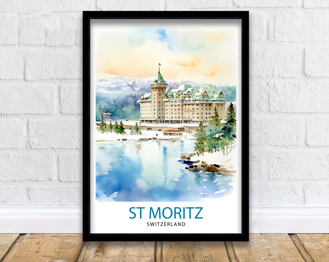 St Moritz Switzerland Grand Hotel Lake Watercolor Winter Poster