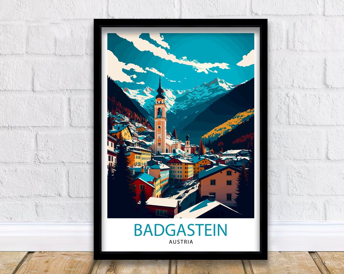 Badgastein Austria Alpine Church Town Snowy Peaks Travel Poster