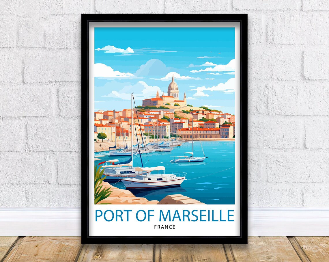 Port of Marseille France Harbor Sailboats and Hilltop View Poster