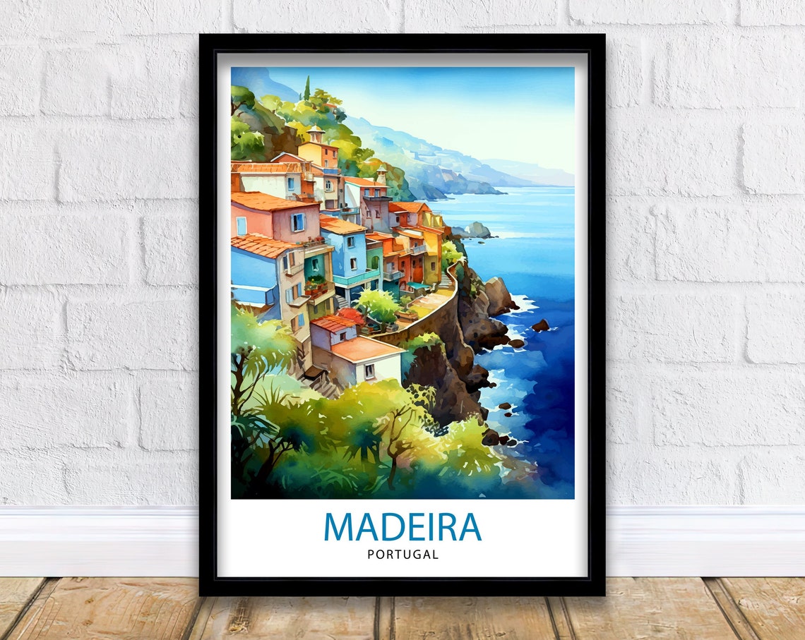 Madeira Portugal Cliffside Village Ocean View Watercolor Poster
