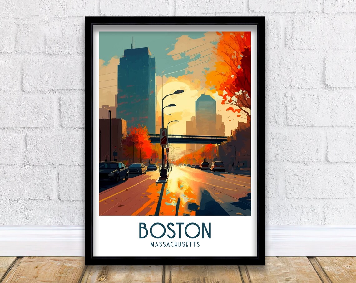 Boston Massachusetts Autumn City Street Sunset Vintage Travel Poster