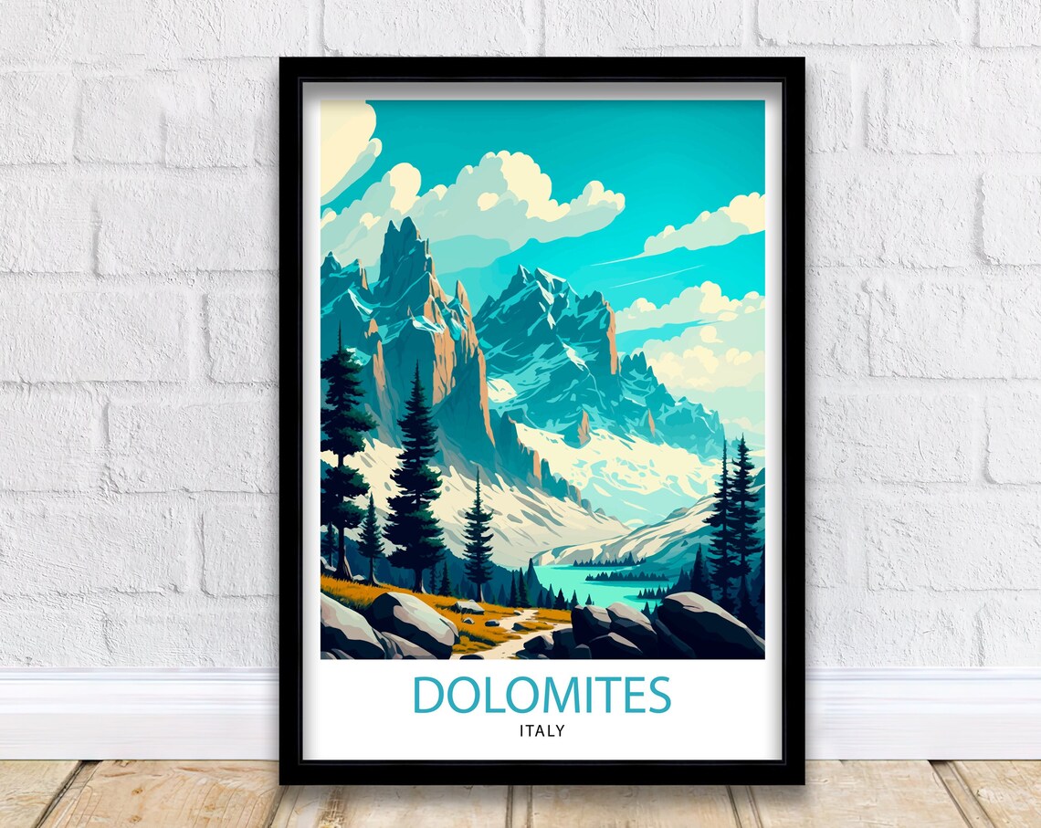 Dolomites Italy Snowy Peaks Alpine Lake Mountain Travel Poster