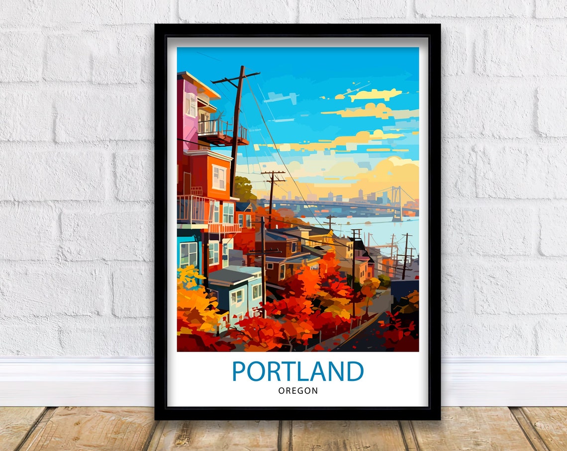 Portland Oregon Colorful Hillside Houses Bridge View City Art Poster