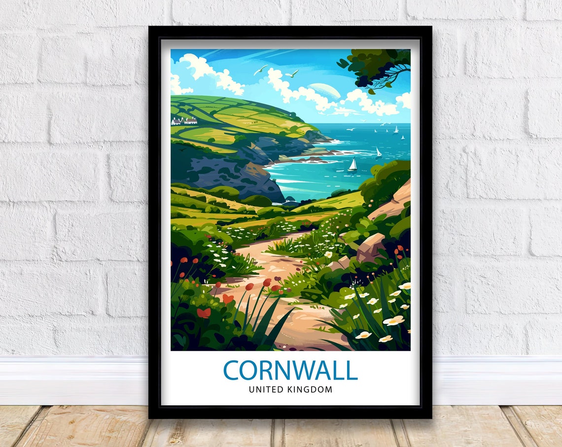 Cornwall United Kingdom Coastal Path Sailboats Cliff View Poster