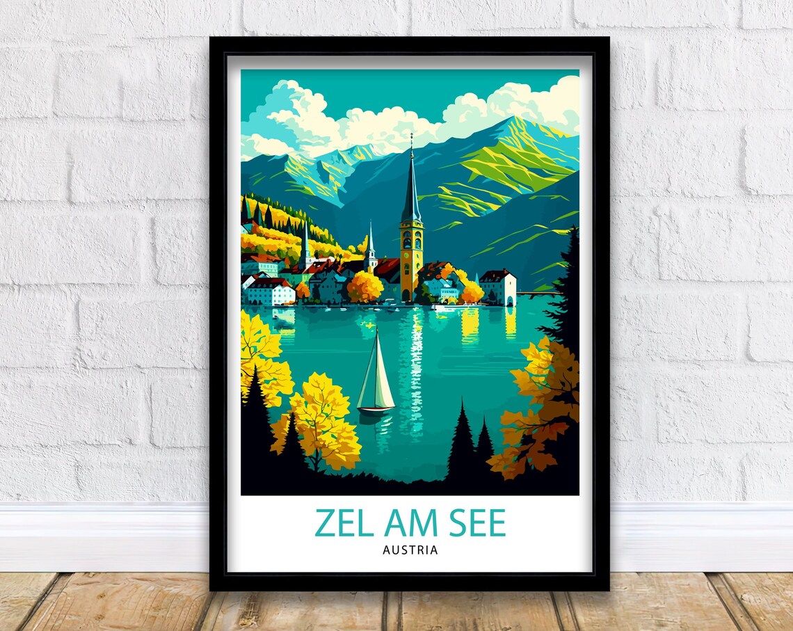 Zell Am See Austria Alpine Lake Sailboat Autumn Travel Poster