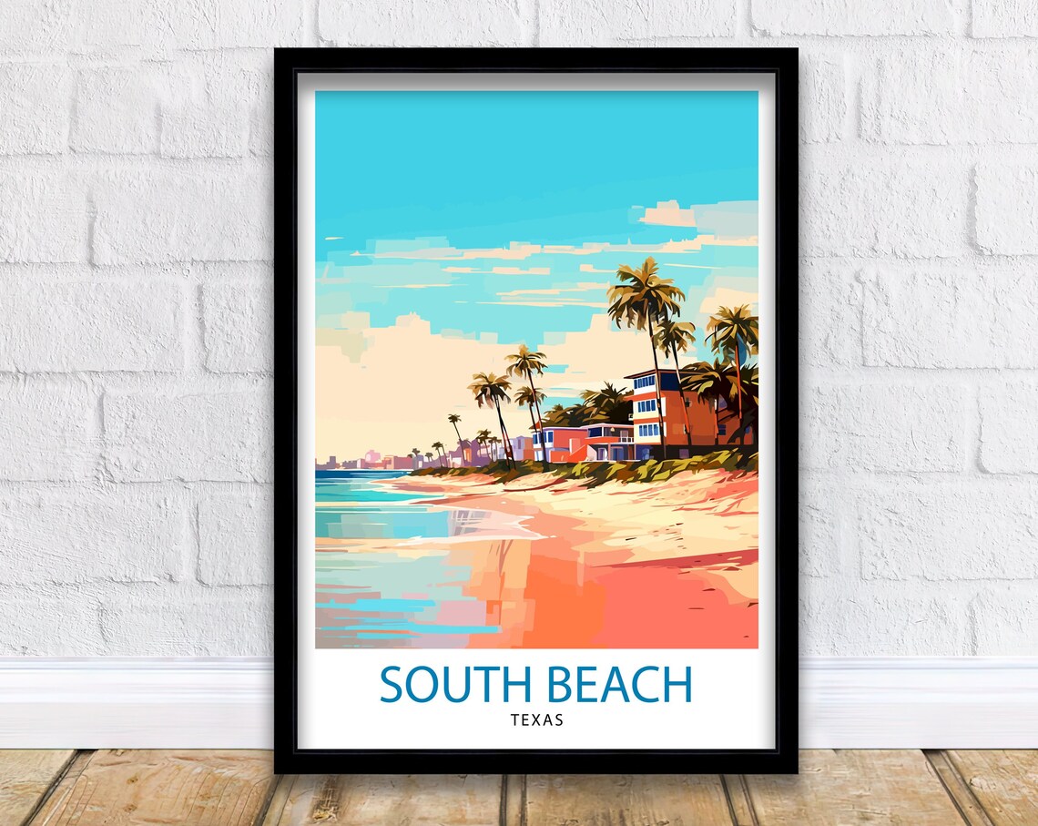 South Beach Texas Dusk Shore Pastel Beachfront Houses Poster