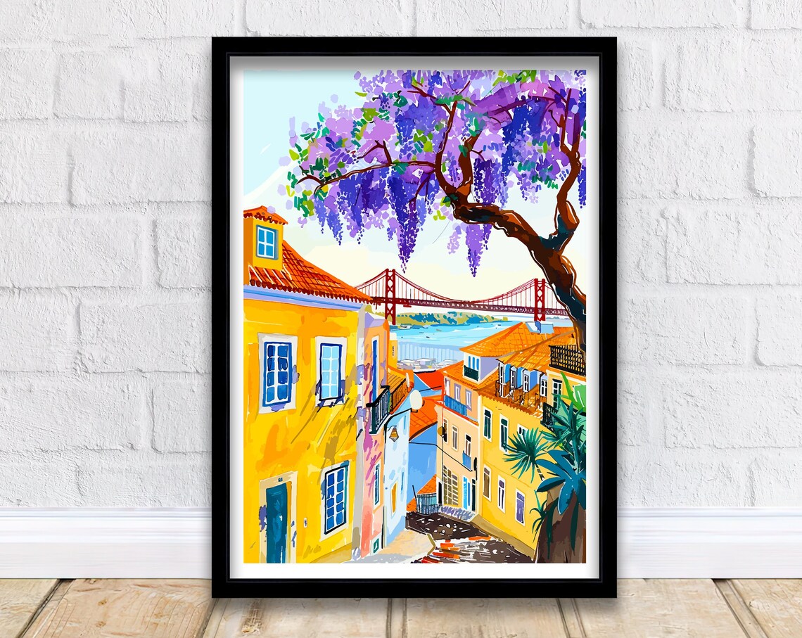 Lisbon Portugal Colorful Jacaranda Street Bridge Travel Poster