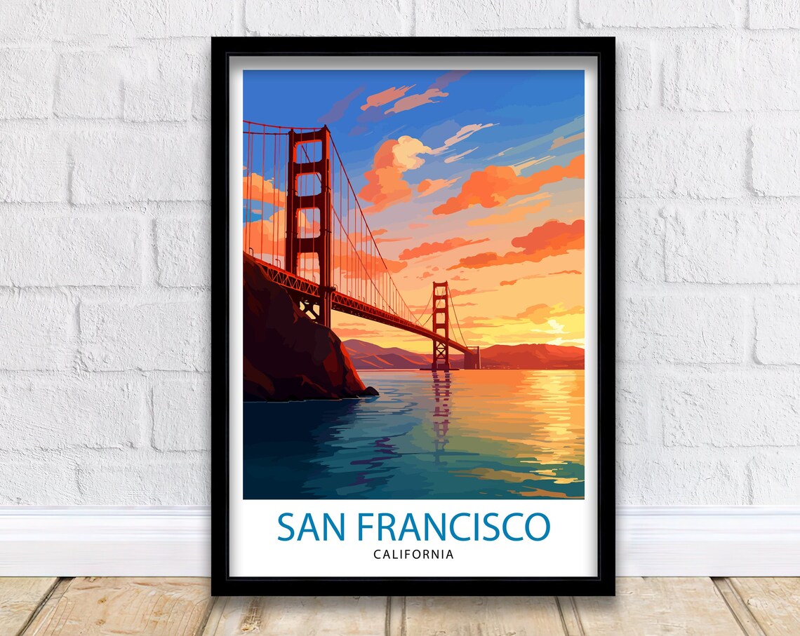 San Francisco Golden Gate Bridge Sunset Watercolor Travel Poster