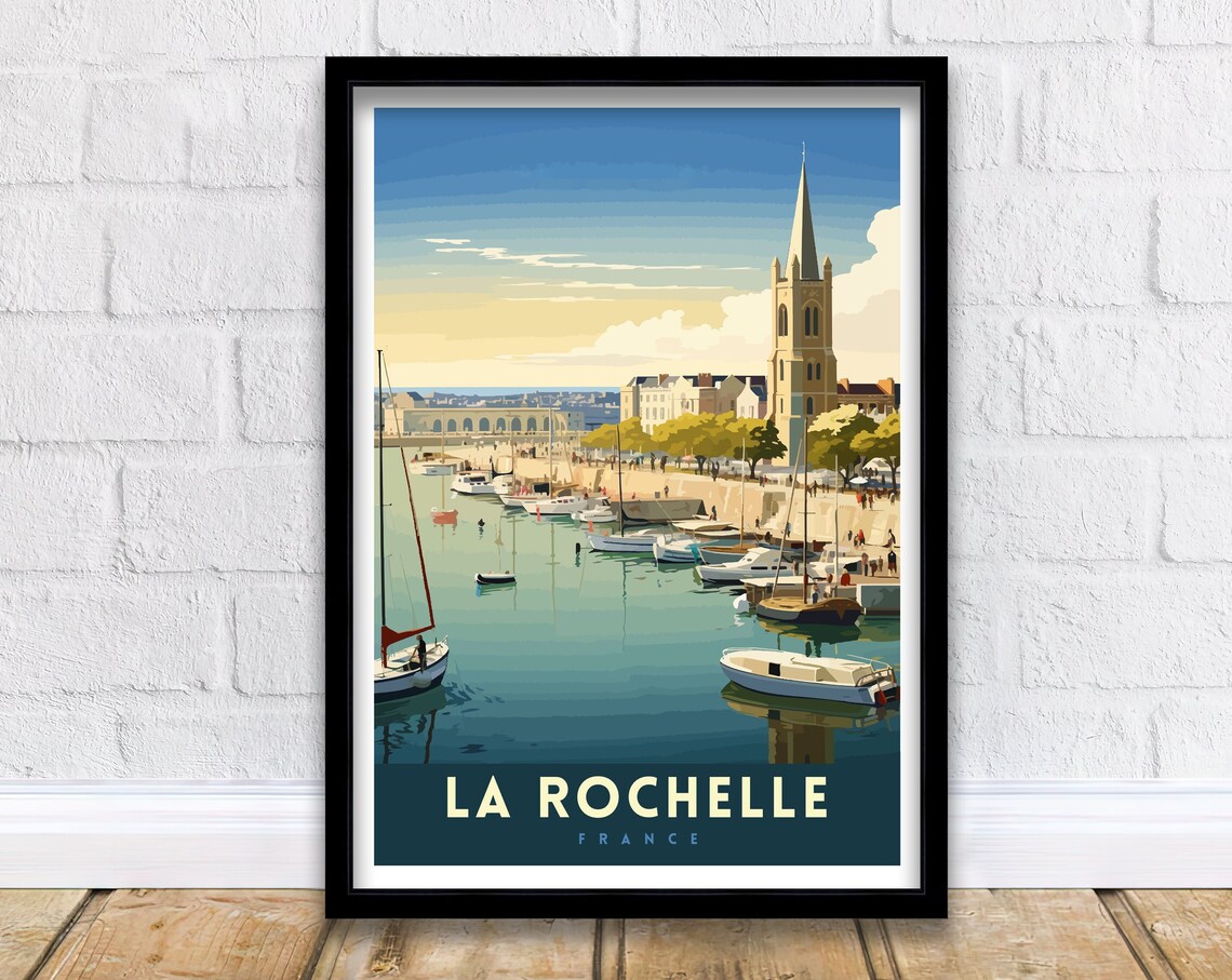 La Rochelle France Historic Harbor Sailboats Tower Retro Poster