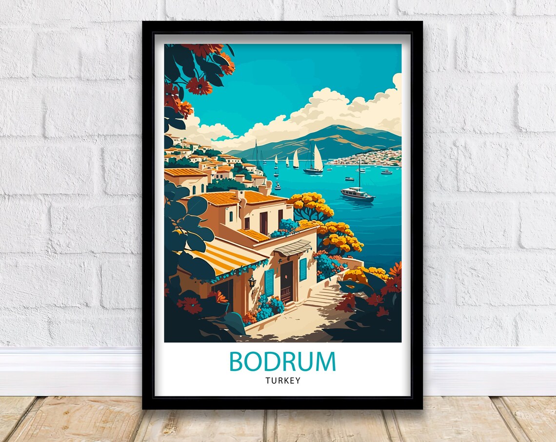 Bodrum Turkey Aegean Harbor White Houses Sailboats Travel Poster