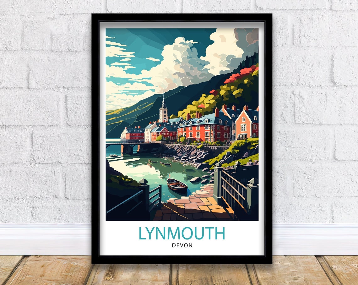 Lynmouth Devon Harbor Red Cottages Seaside Village Coastal Poster