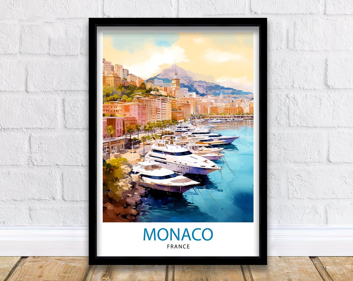 Monaco Yacht Harbor Watercolor French Riviera Coast Travel Poster