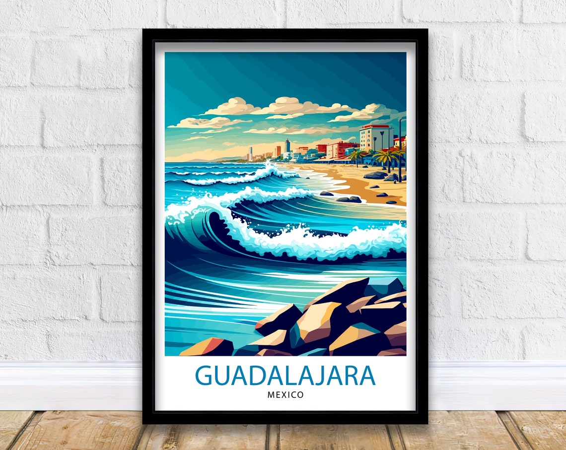 Guadalajara Mexico Vibrant Coastal Surf Beach Waves Travel Poster