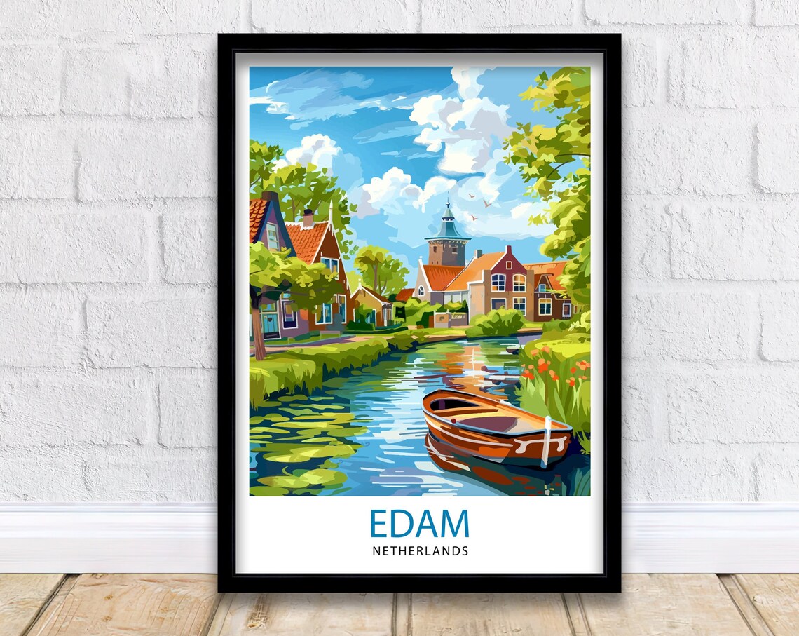 Edam Netherlands Quiet Canal Rowboat Church Tower Town Travel Poster