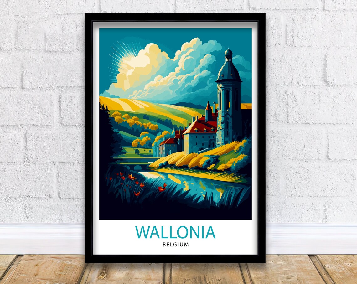 Wallonia Belgium Riverside Village Church Tower Golden Art Poster