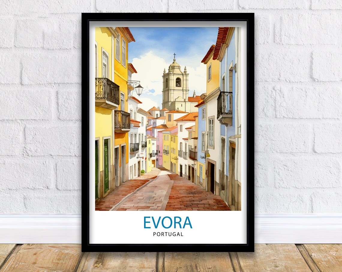 Evora Portugal Cobblestone Street Church Tower Watercolor Poster