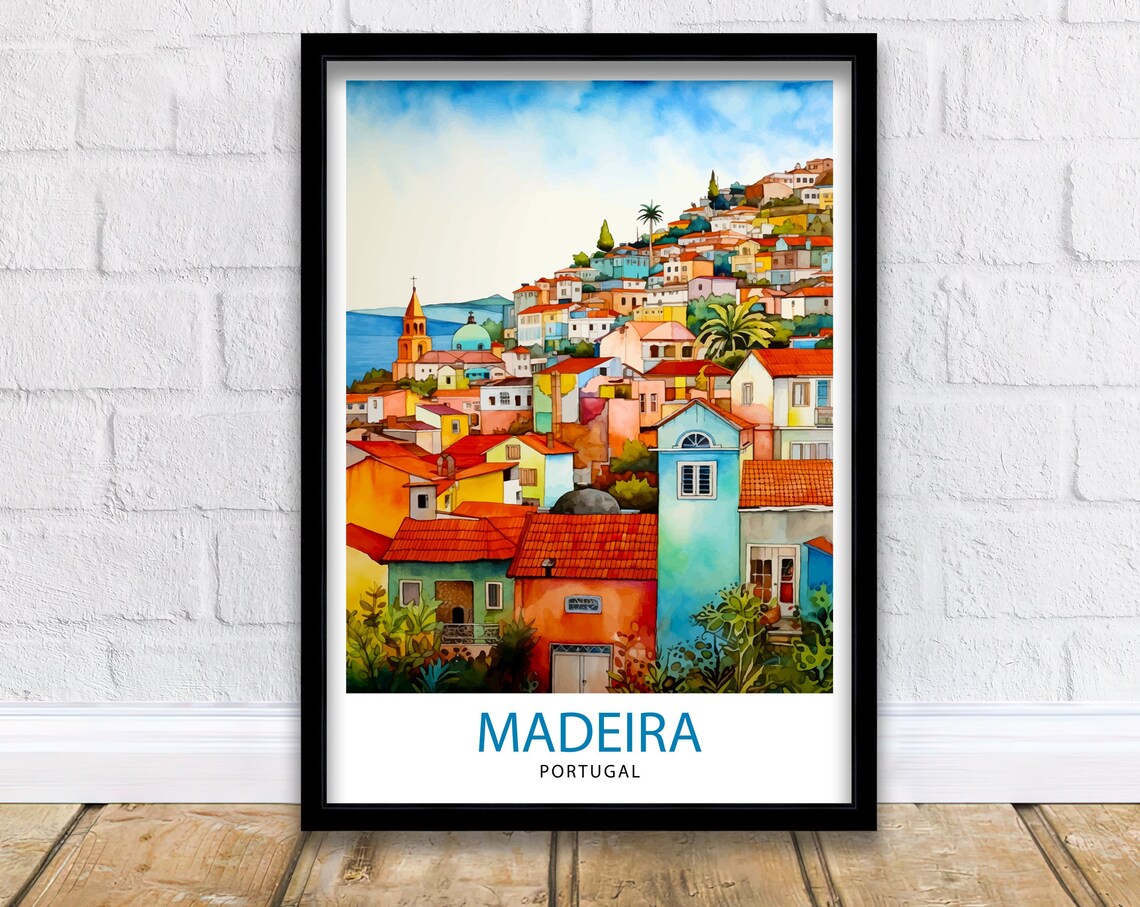 Madeira Portugal Colorful Hillside Town Watercolor Travel Poster