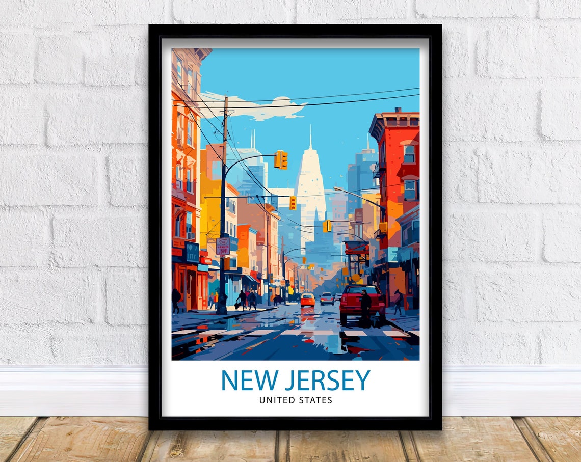 New Jersey City Street Skyline Traffic Lights Urban Art Poster