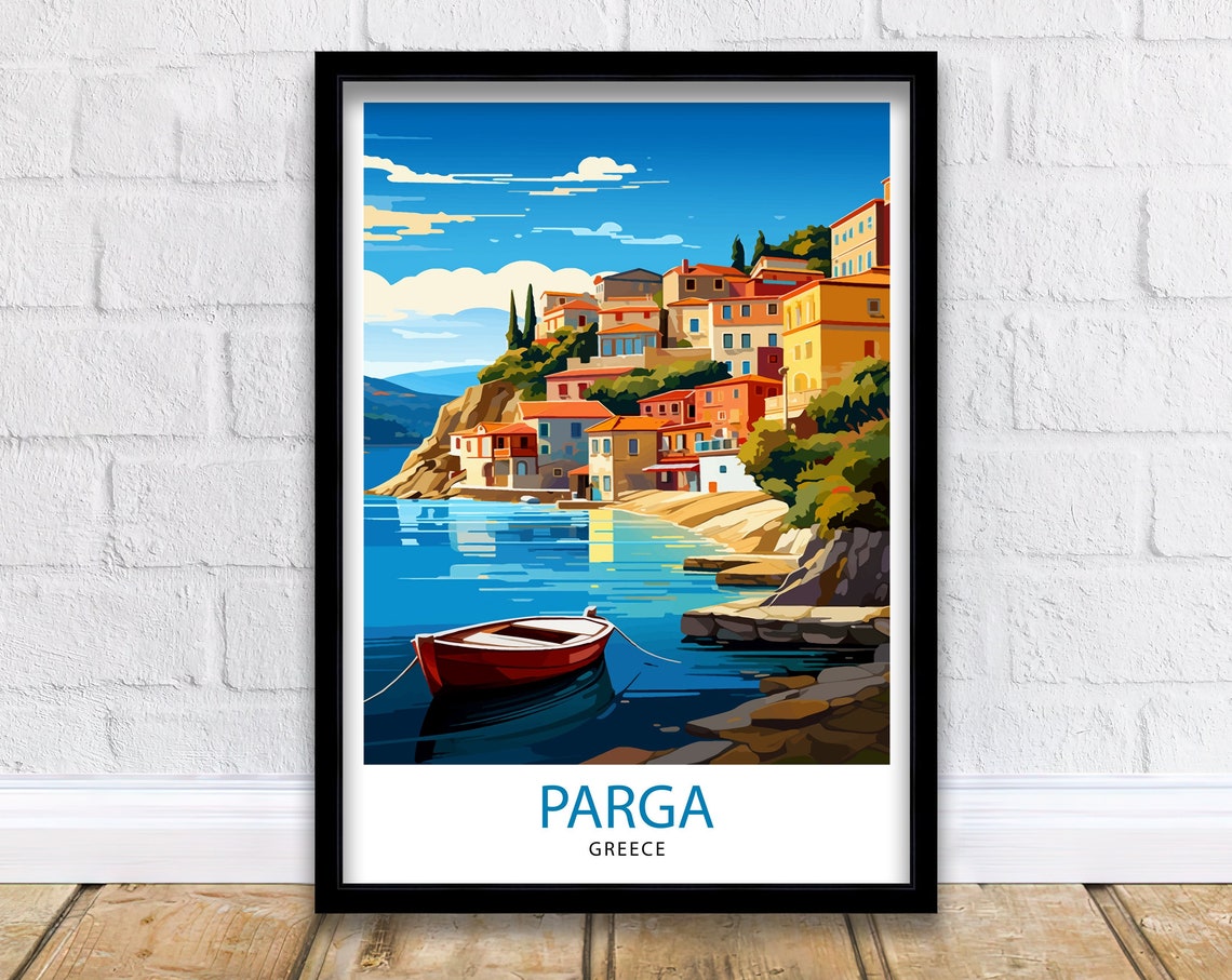 Parga Greece Colorful Harbor Town Hillside Red Boat Travel Poster
