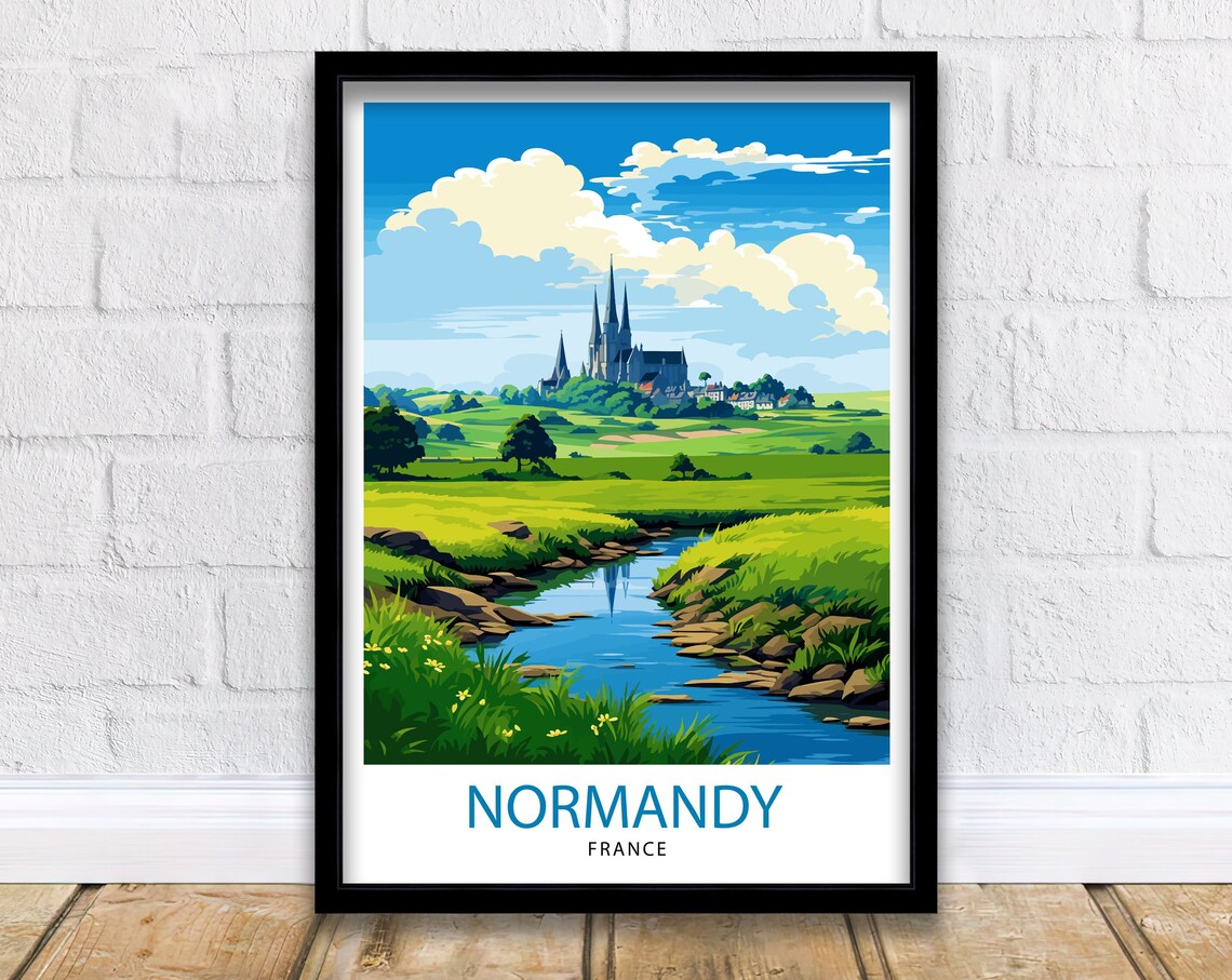 Normandy France Countryside Abbey River Meadow Vintage Travel Poster