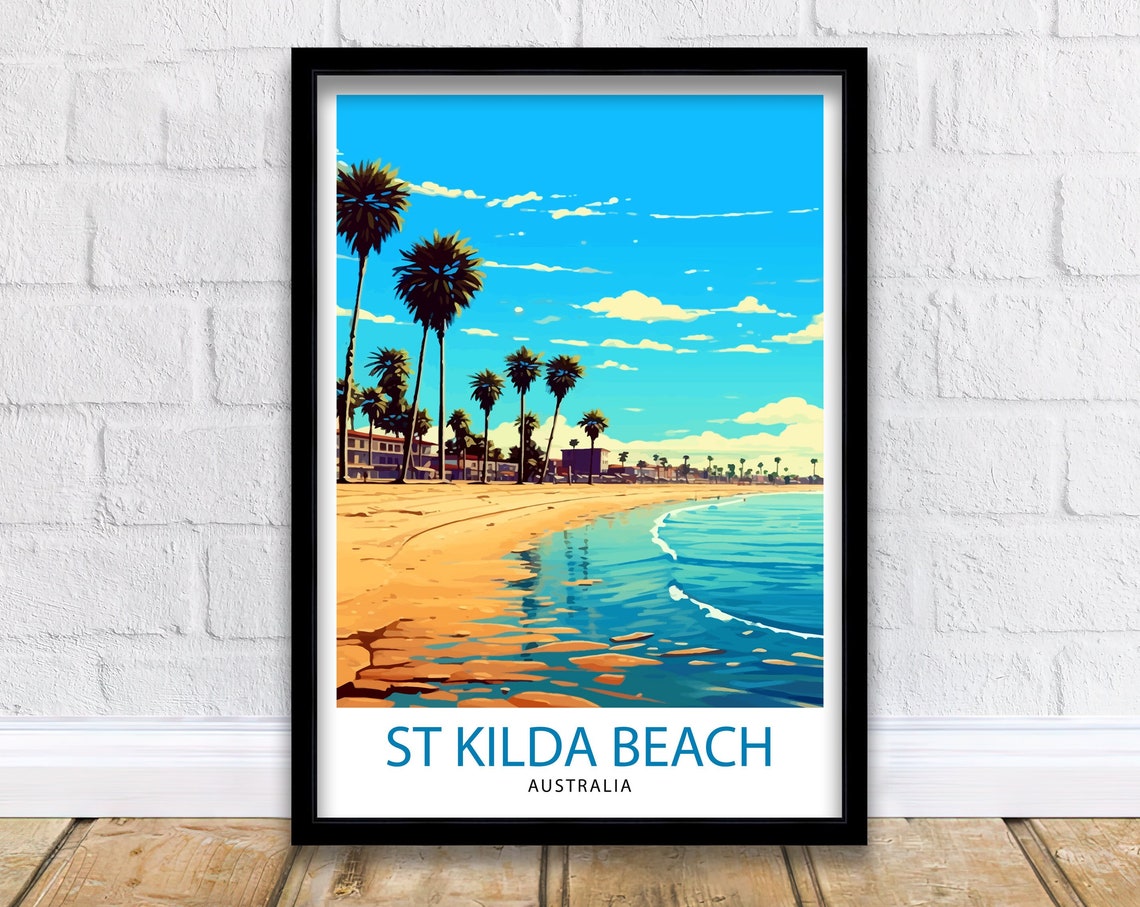 St Kilda Beach Australia Palm Trees Shoreline Waves Coastal Poster