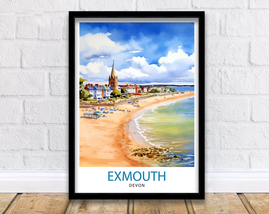 Exmouth Devon Sandy Beach Church Spire Seaside Watercolor Poster