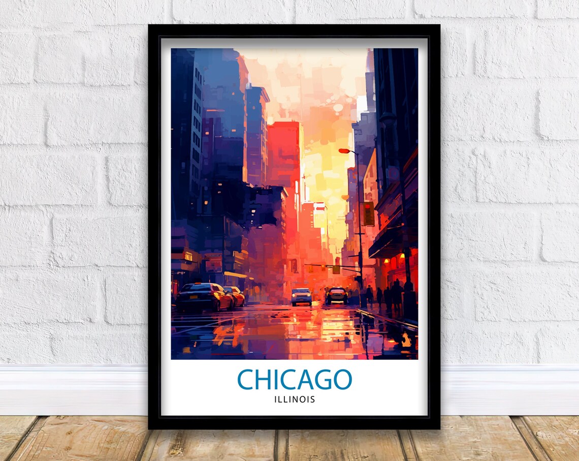 Chicago Illinois Downtown Rainy Night City Street Travel Poster