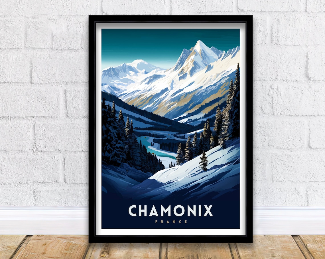 Chamonix France Snowy Alpine Peaks Pine Forest Valley Poster