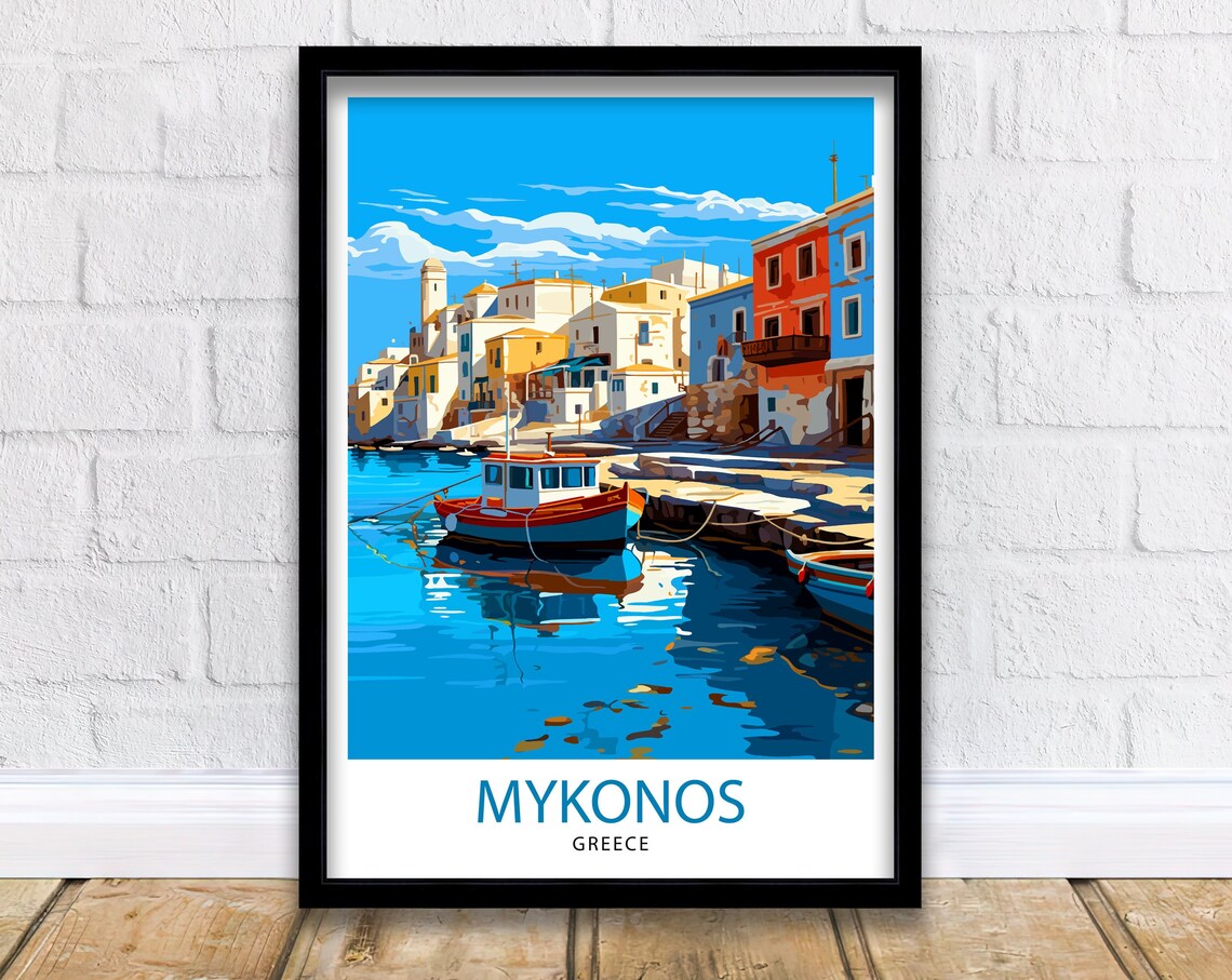 Mykonos Greece Fishing Boat Harbour Colorful Waterfront Poster