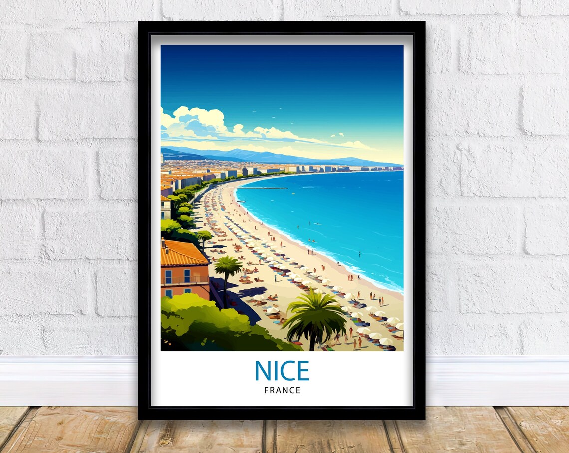 Nice France Riviera Beach Promenade Summer Vintage Travel Poster