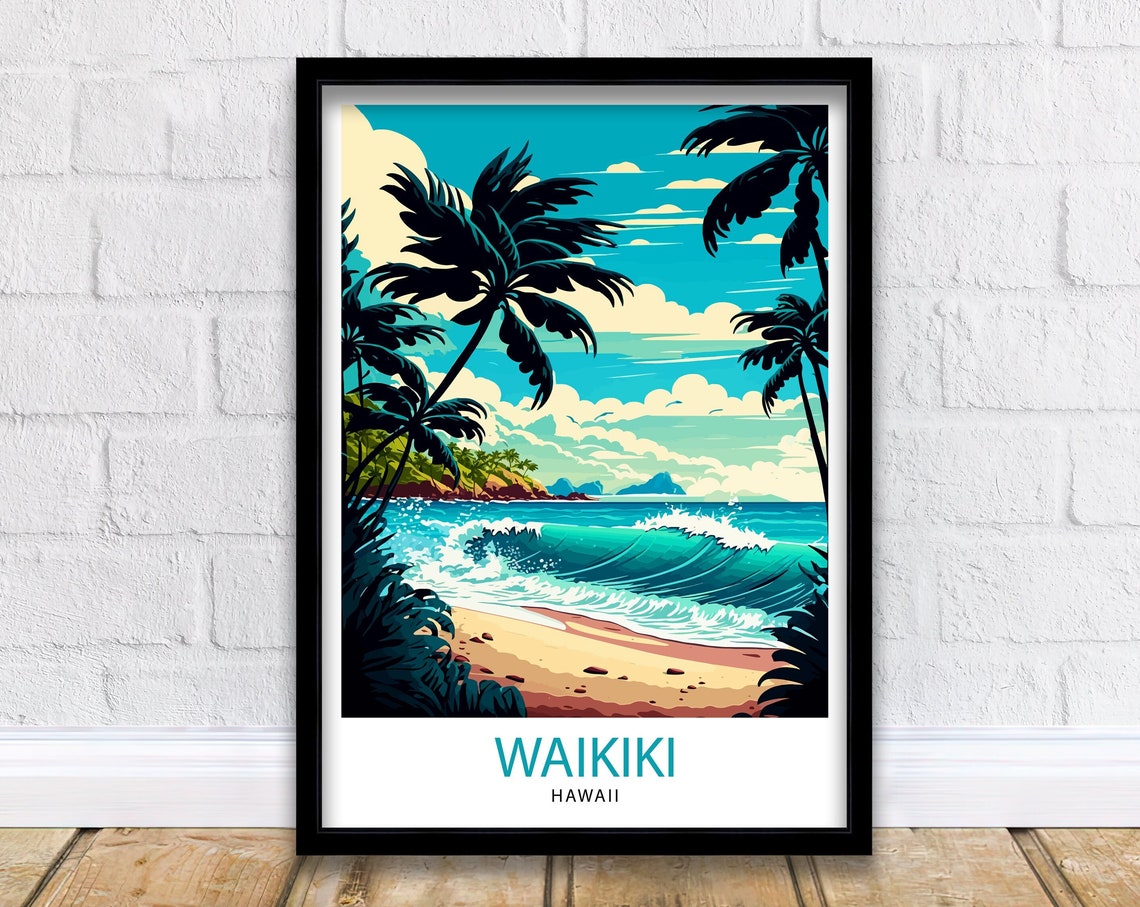 Waikiki Travel Print Waikiki Wall Art Hawaii Poster Waikiki Beach Print Travel Decor Hawaii Art Print Waikiki Illustration