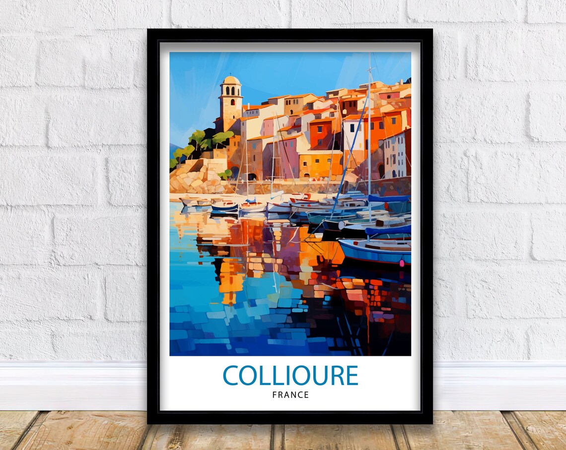 Collioure France Harbor Sunrise Boats Colorful Travel Poster