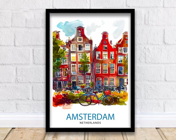 Amsterdam Netherlands Canal Houses and Bicycles City Art Poster