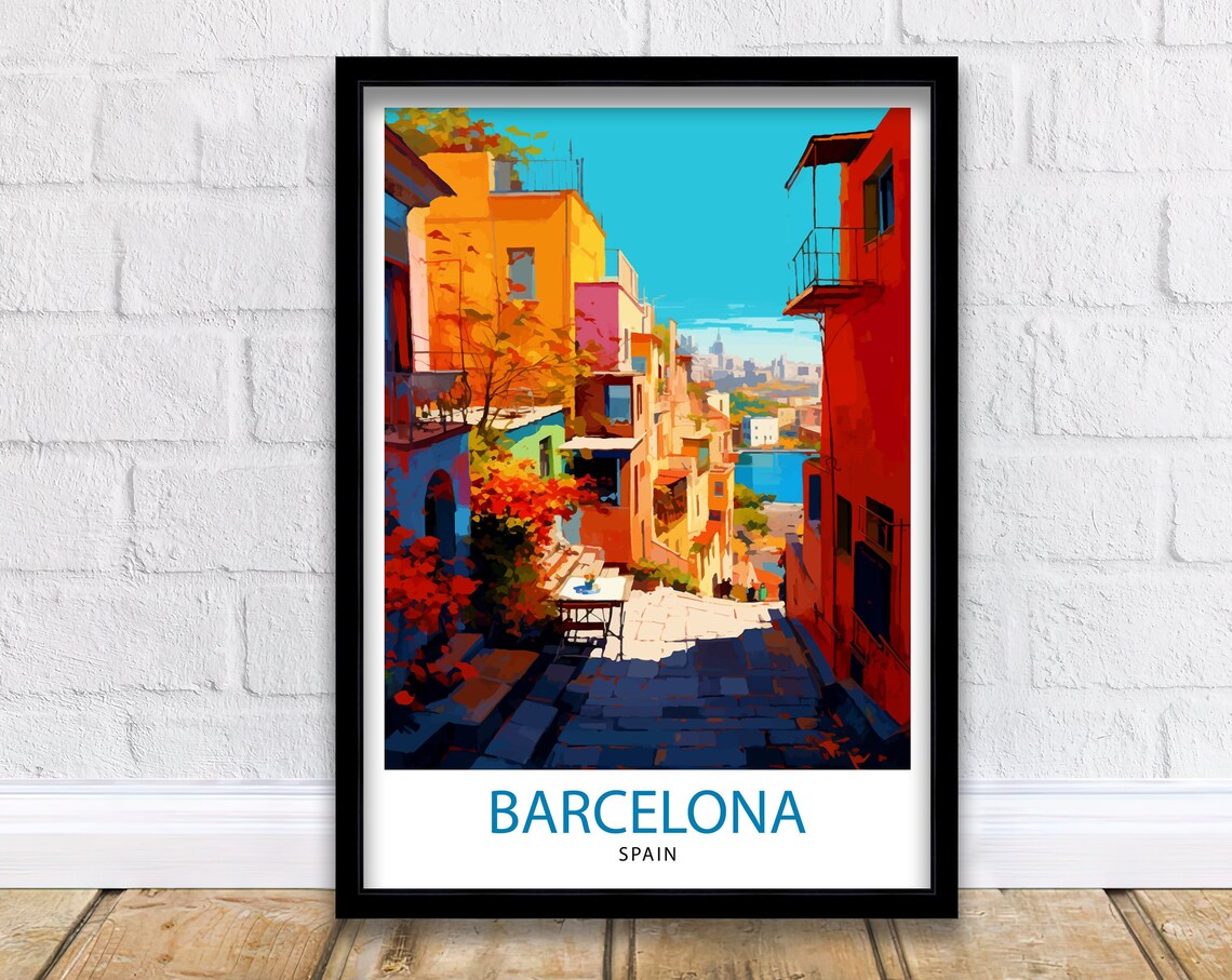 Barcelona Spain Colorful Old Street Mediterranean View Travel Poster