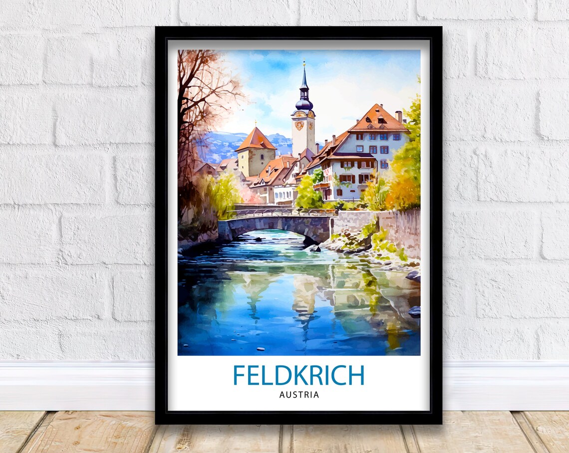 Feldkirch Austria Old Town River Bridge Church Tower Watercolor Poster