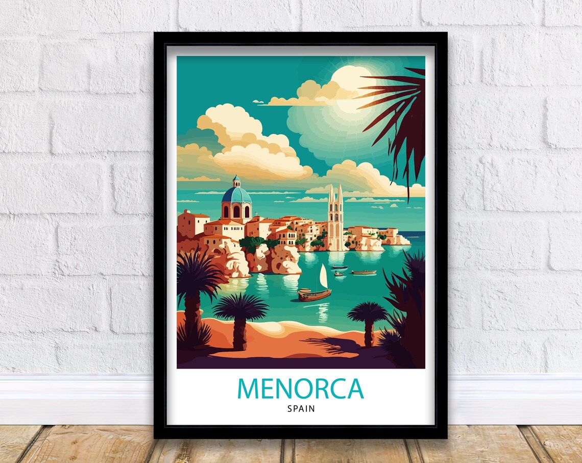 Menorca Spain Harbor Town Church Palms Turquoise Bay Scene Poster