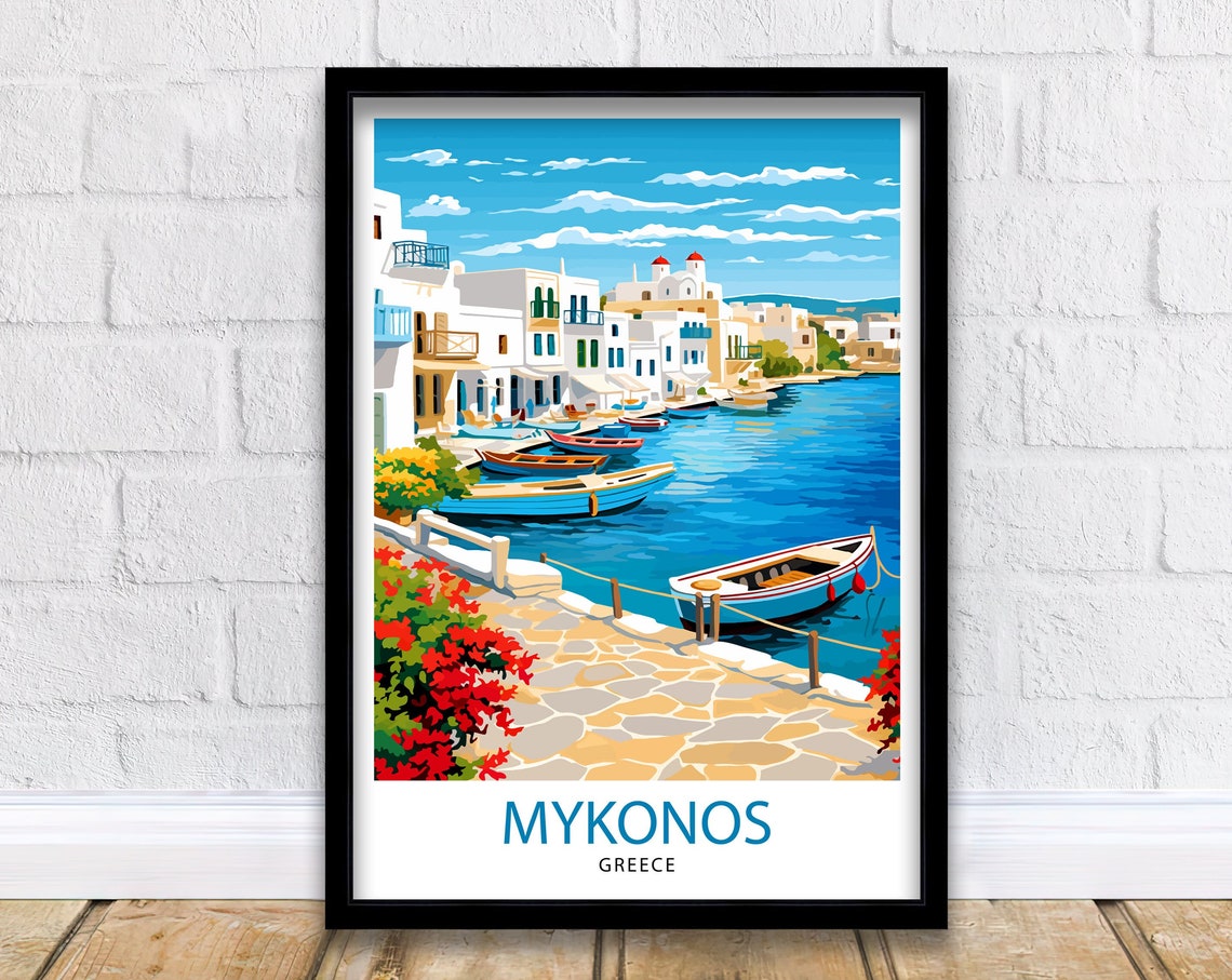 Mykonos Waterfront Whitewashed Town Boats Greek Island Poster