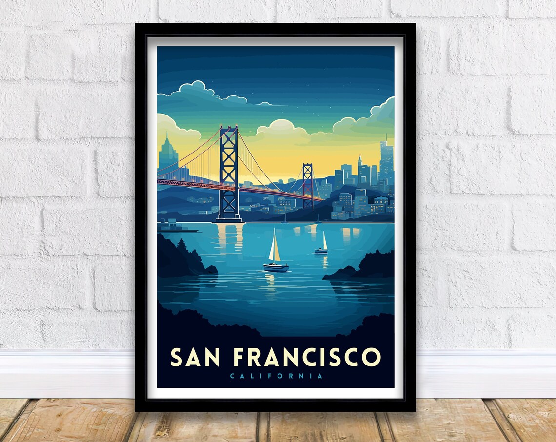 San Francisco Bay Bridge Night Cityscape Vintage Travel Poster