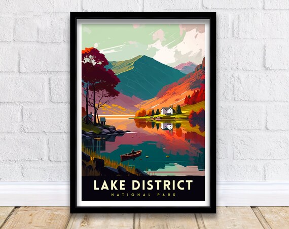 Lake District National Park Canoe Mountain Lake Sunset Glow Travel Poster