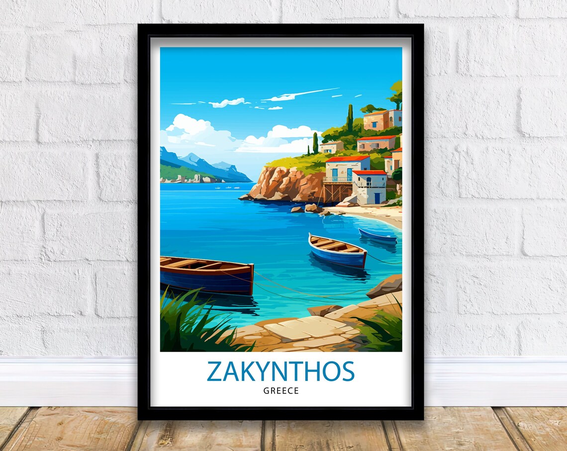 Zakynthos Greece Aegean Coastal Village Boat Scene Travel Poster