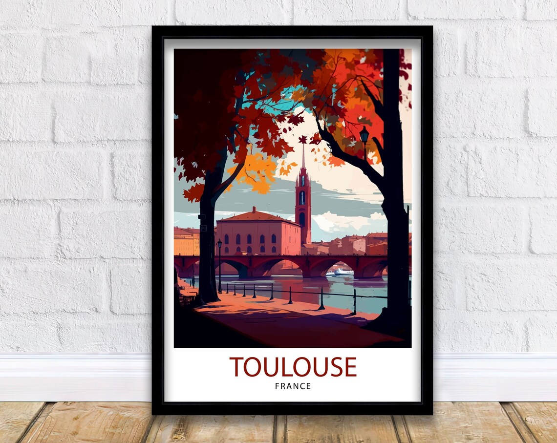 Toulouse France Riverside Autumn Church Bridge Travel Poster